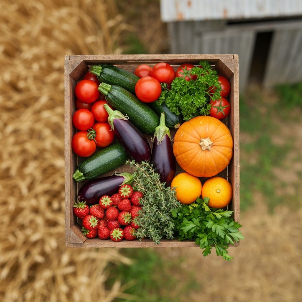 A wooden crate filled with a mix of fresh seasonal vegetables and fruits ready for delivery
